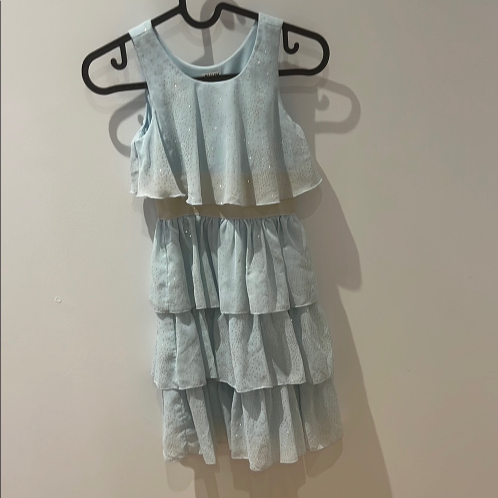 Ruum Light Blue Golden Sparkles Tiered Kids Dress